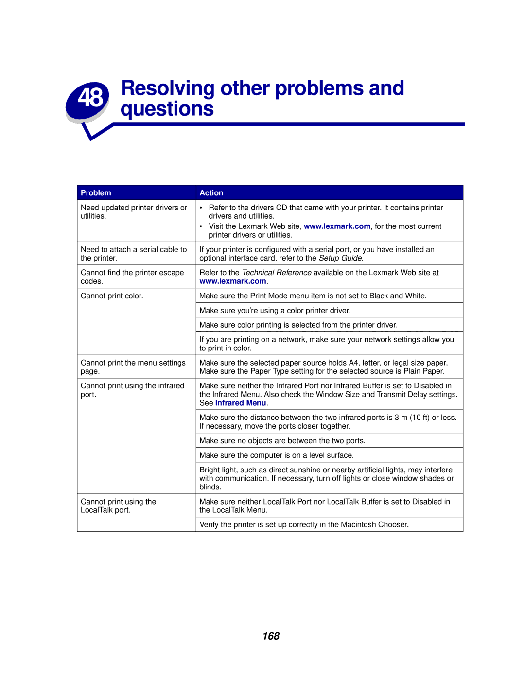 Lexmark 910 manual Resolvingquestions other problems, 168 