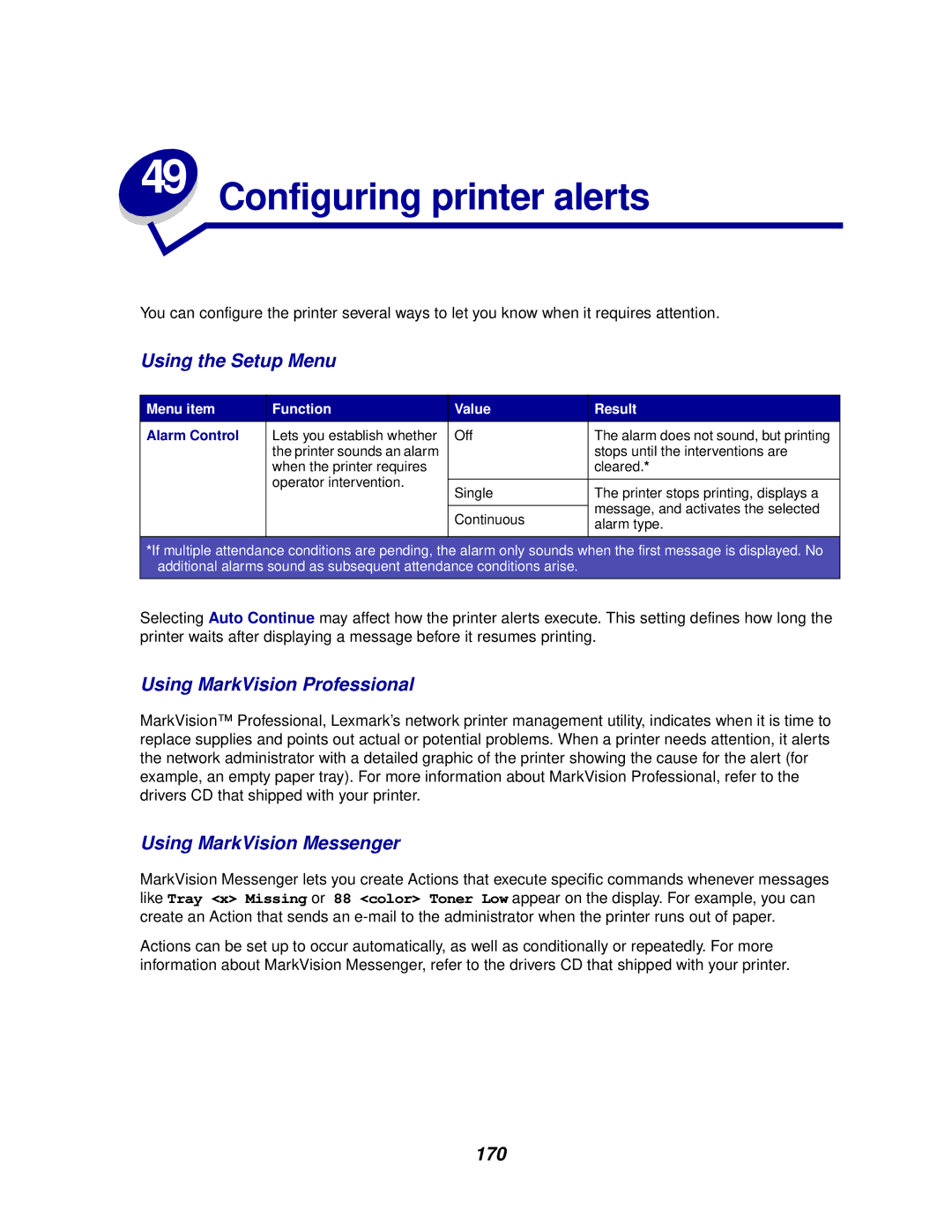 Lexmark 910 Configuring printer alerts, Using the Setup Menu, Using MarkVision Professional, Using MarkVision Messenger 