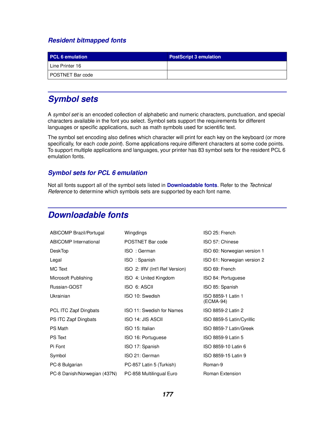 Lexmark 910 manual Downloadable fonts, Resident bitmapped fonts, Symbol sets for PCL 6 emulation, 177 