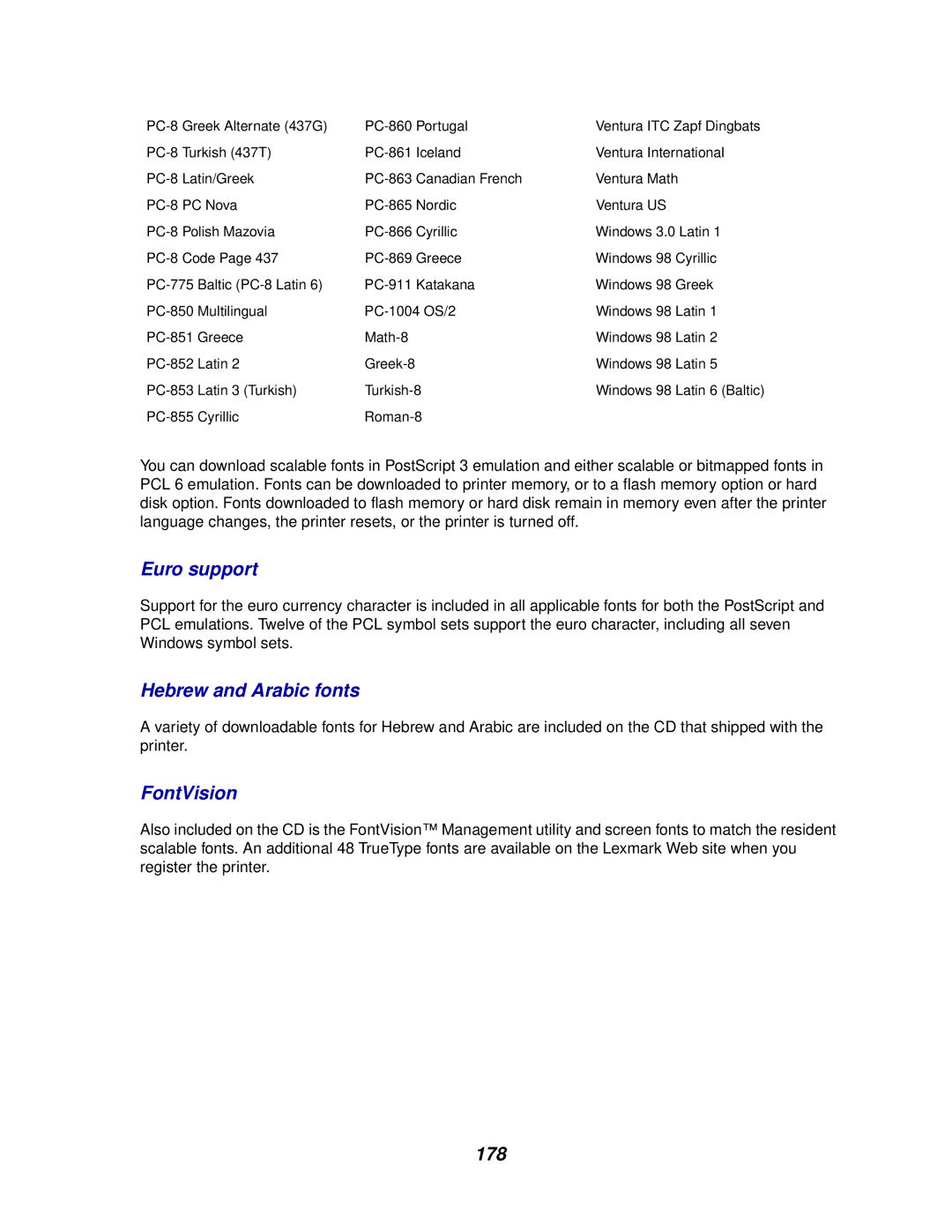 Lexmark 910 manual Euro support, Hebrew and Arabic fonts, FontVision, 178 