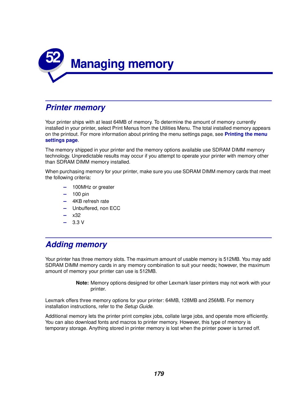 Lexmark 910 manual Managing memory, Printer memory, Adding memory, 179 