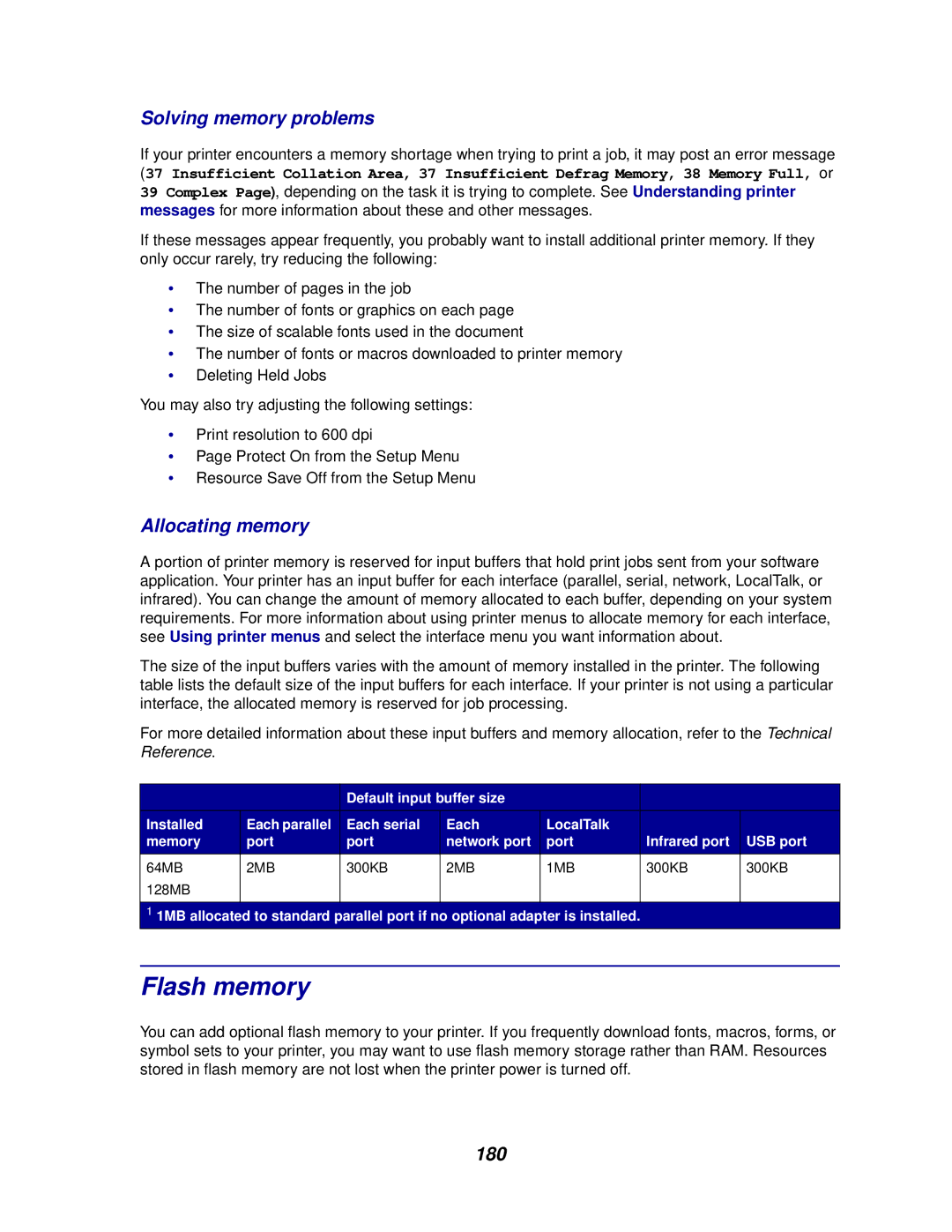 Lexmark 910 manual Flash memory, Solving memory problems, Allocating memory, 180 