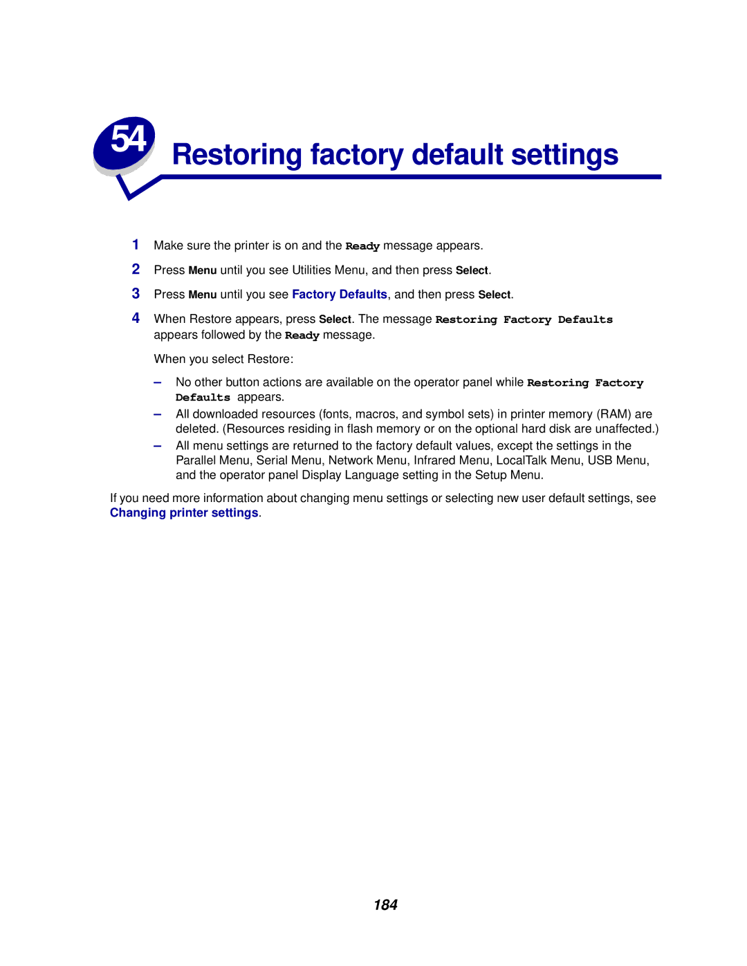 Lexmark 910 manual Restoring factory default settings, 184 