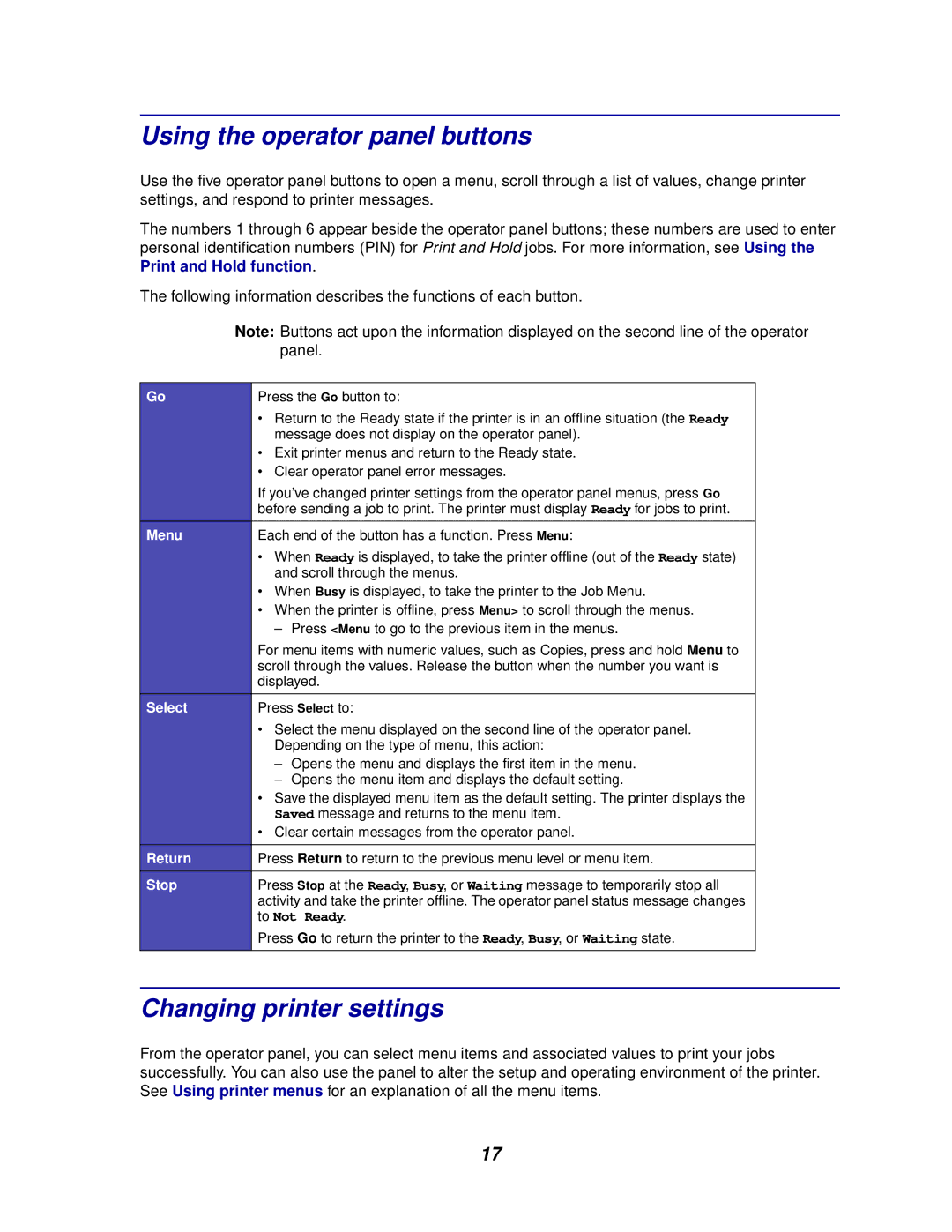 Lexmark 910 manual Using the operator panel buttons, Changing printer settings 