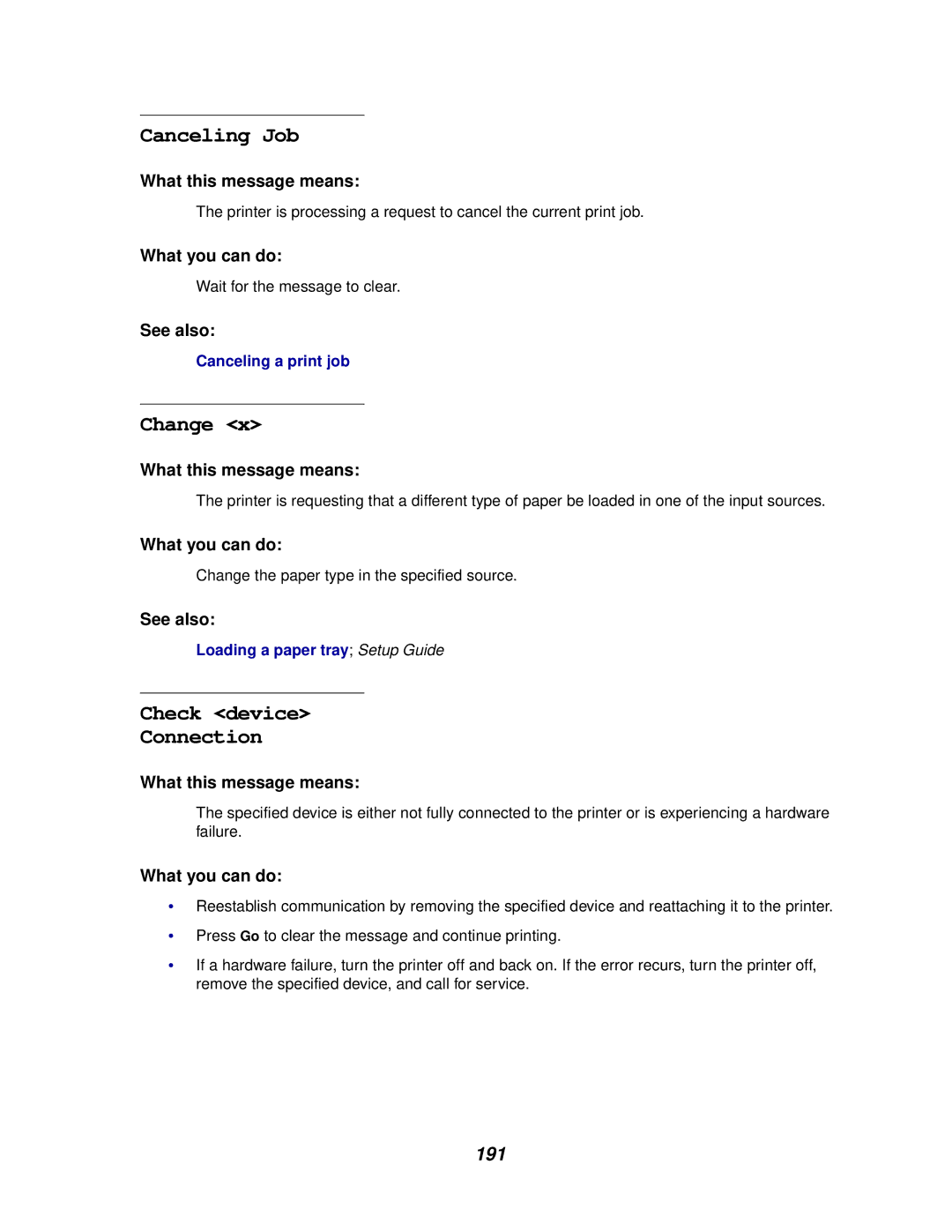 Lexmark 910 manual Canceling Job, Change, Check device Connection, 191 