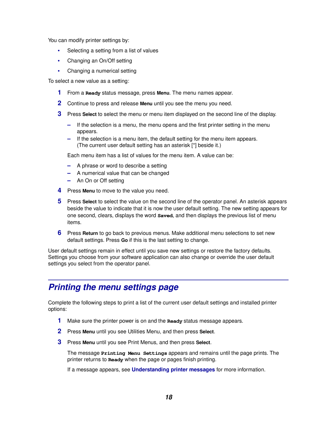 Lexmark 910 manual Printing the menu settings 