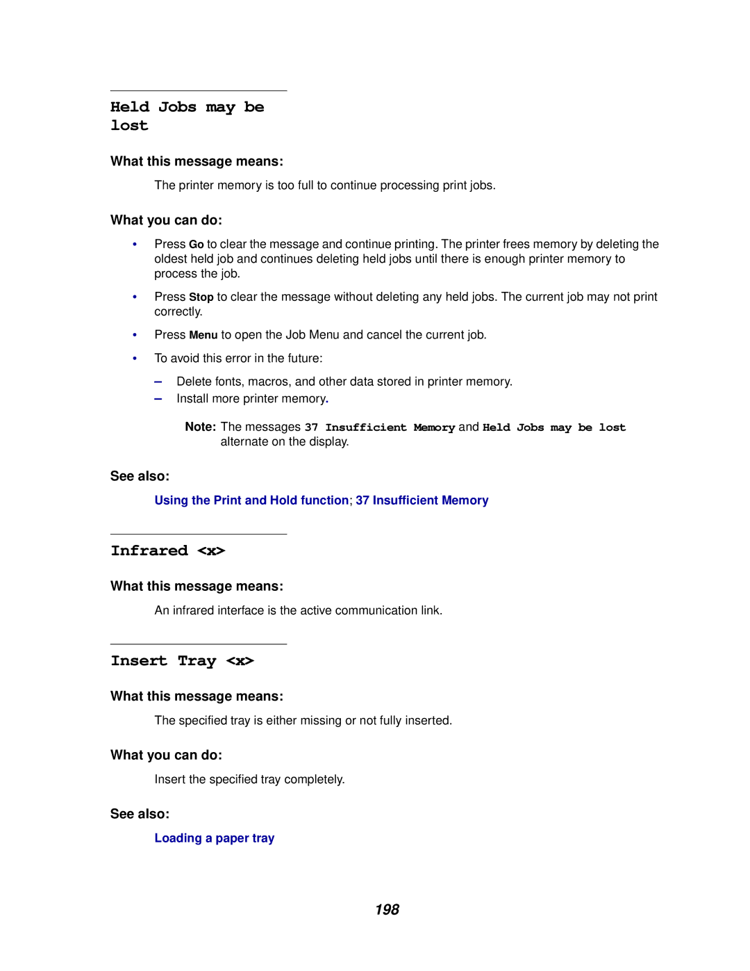 Lexmark 910 manual Held Jobs may be lost, Infrared, Insert Tray, 198 