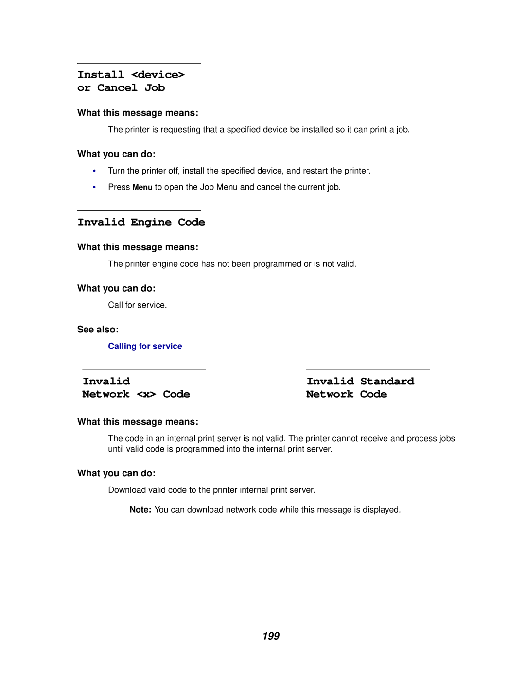 Lexmark 910 manual Invalid Engine Code, Network x Code, 199 