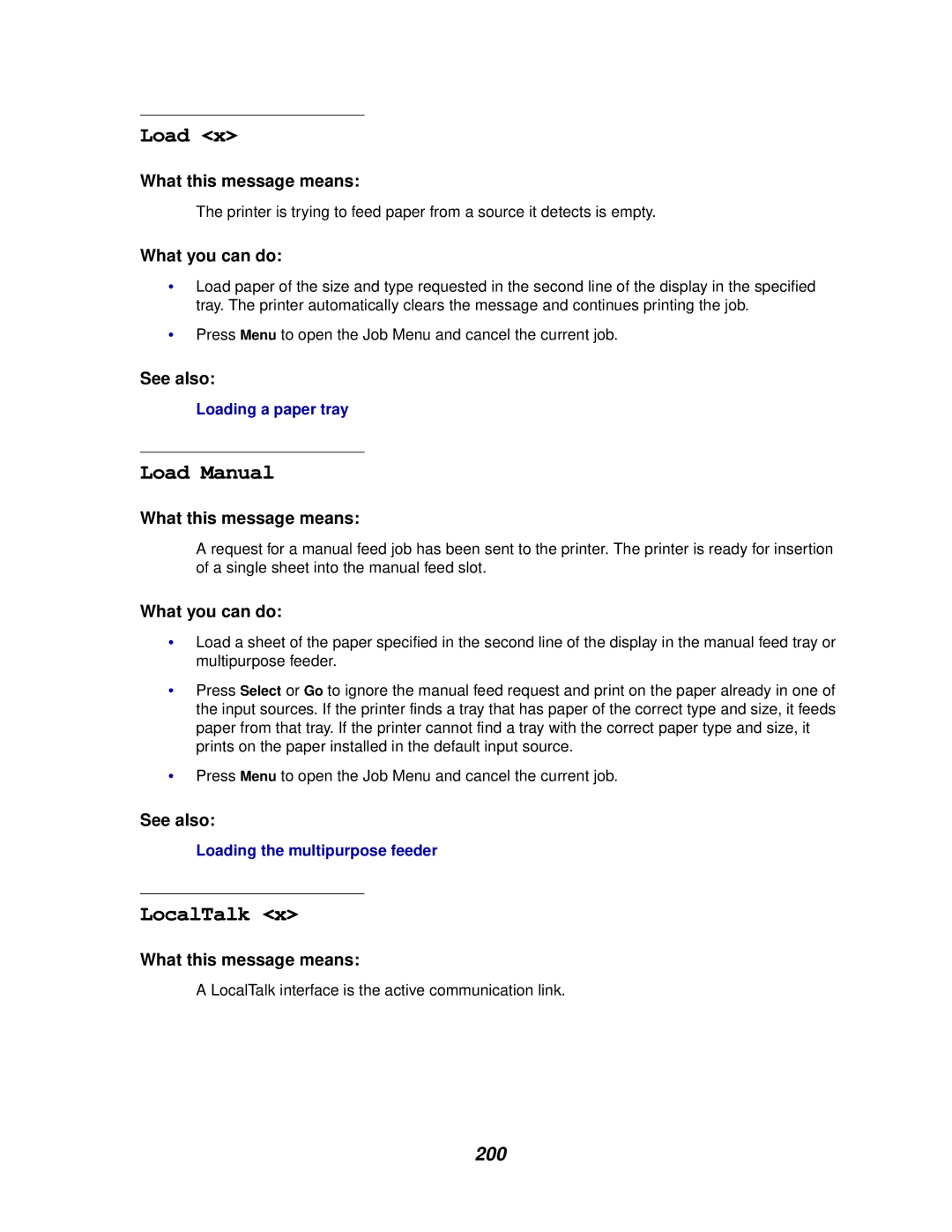 Lexmark 910 manual Load Manual, LocalTalk, 200 