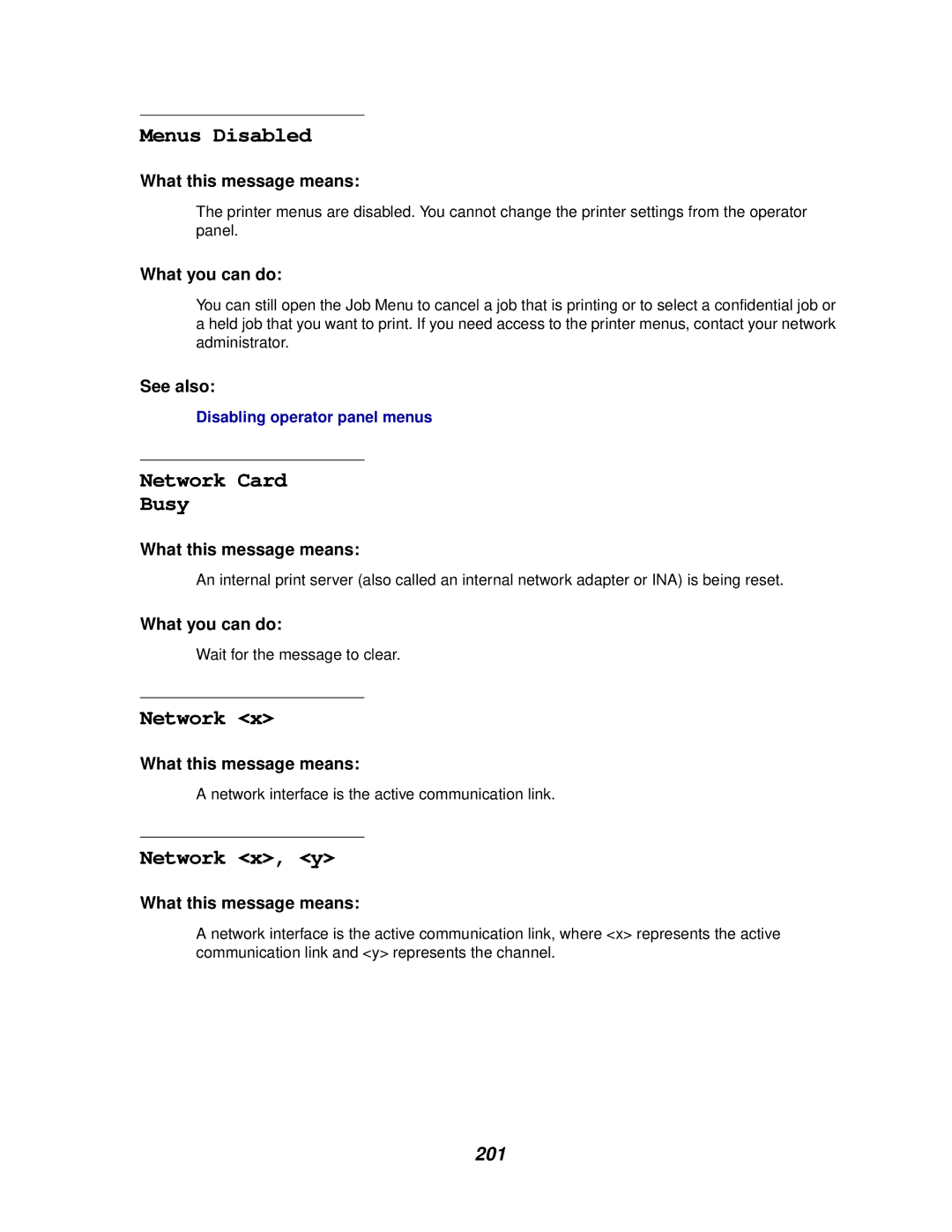 Lexmark 910 manual Network Card Busy, Network x, y, 201 