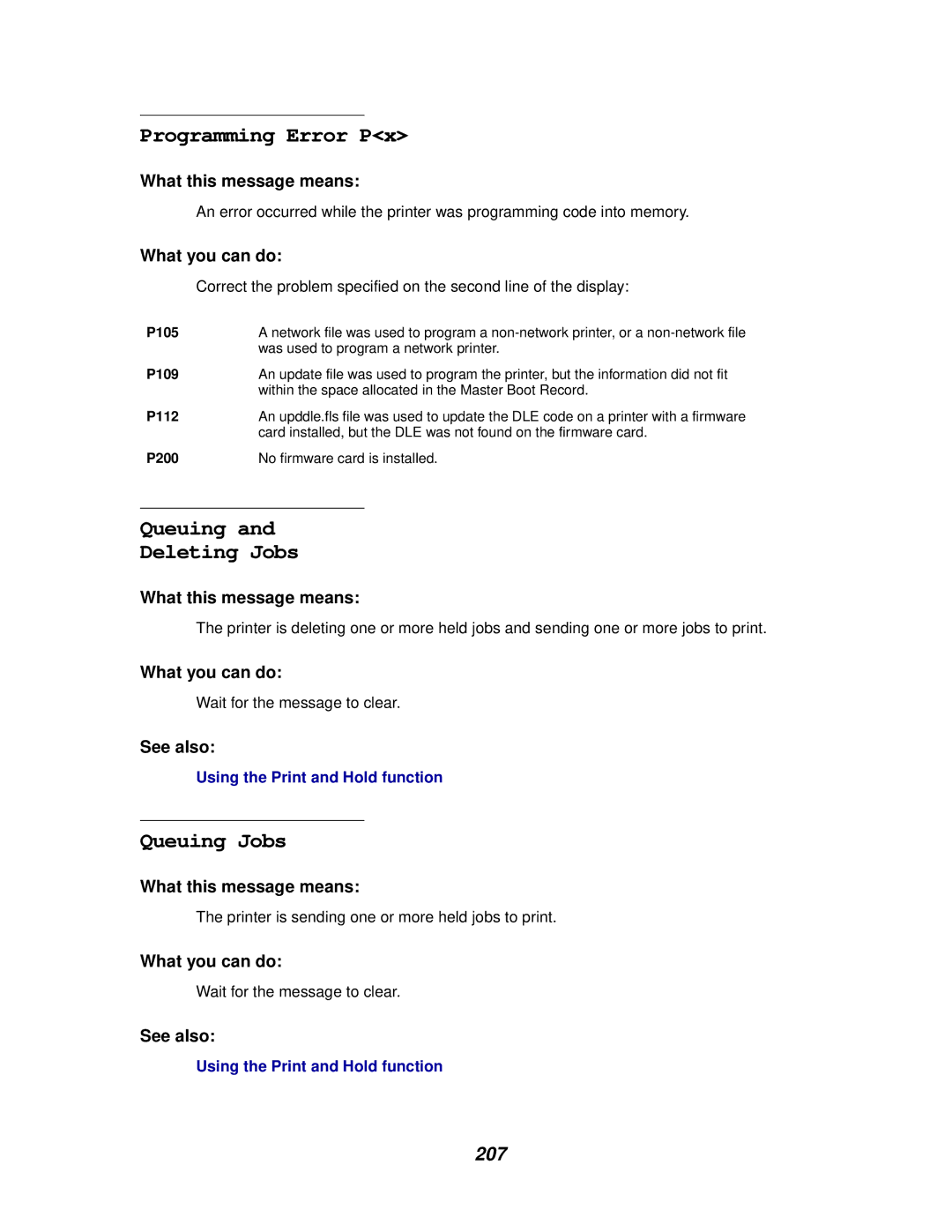 Lexmark 910 manual Programming Error Px, Queuing Deleting Jobs, Queuing Jobs, 207 