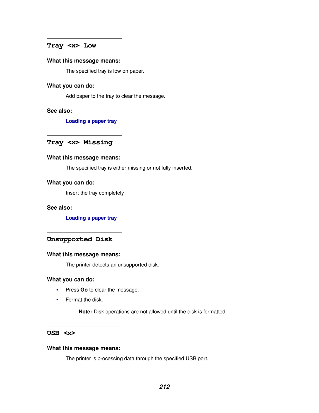 Lexmark 910 manual Tray x Low, Tray x Missing, Unsupported Disk, Usb, 212 