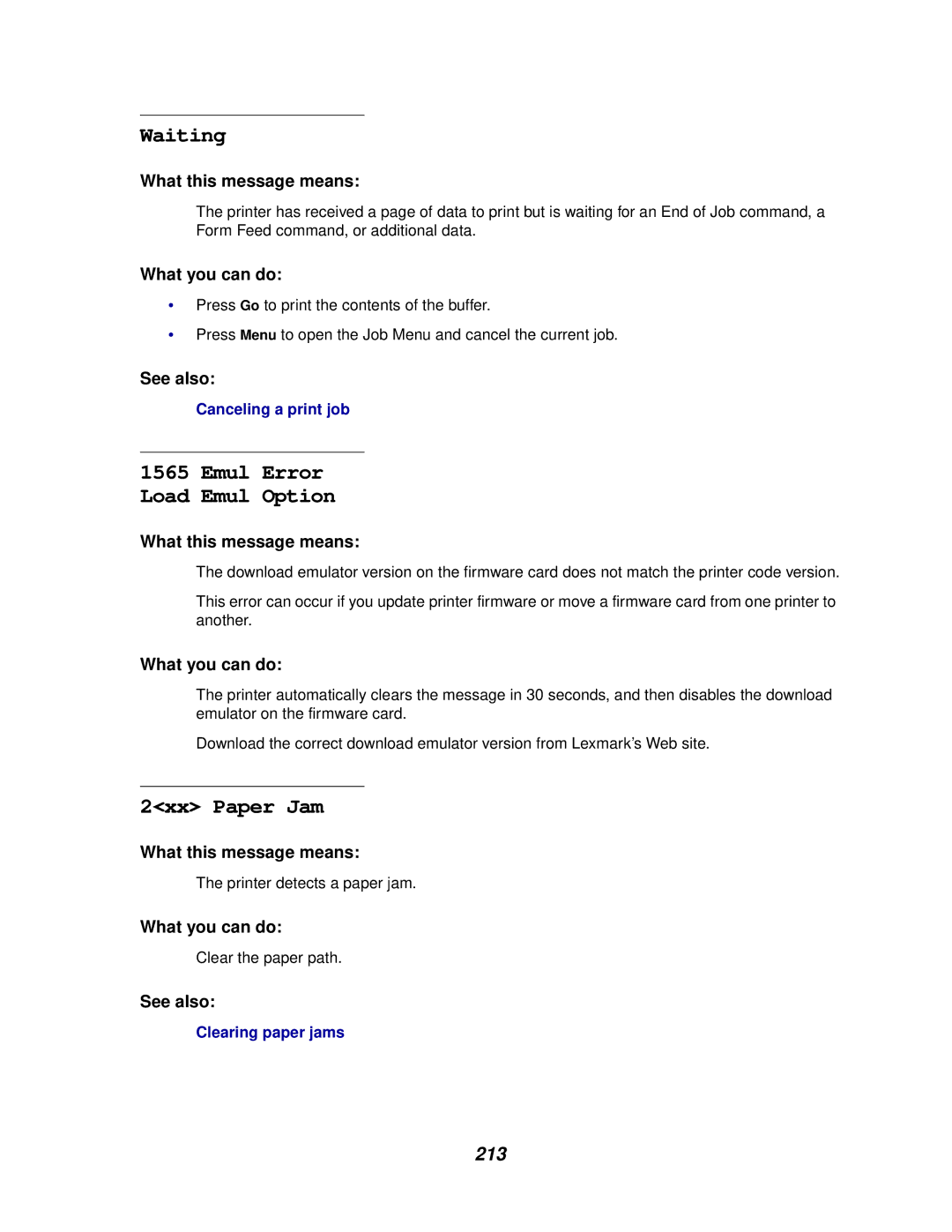 Lexmark 910 manual Waiting, Emul Error Load Emul Option, 2xx Paper Jam, 213 