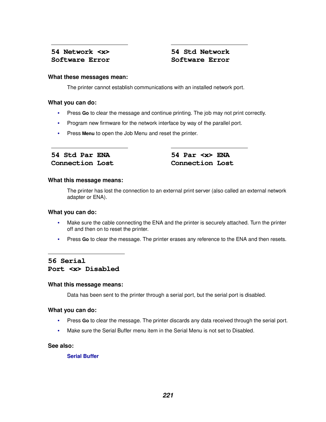 Lexmark 910 manual Software Error, Std Par, 54 Par, Connection Lost, Serial Port x Disabled 