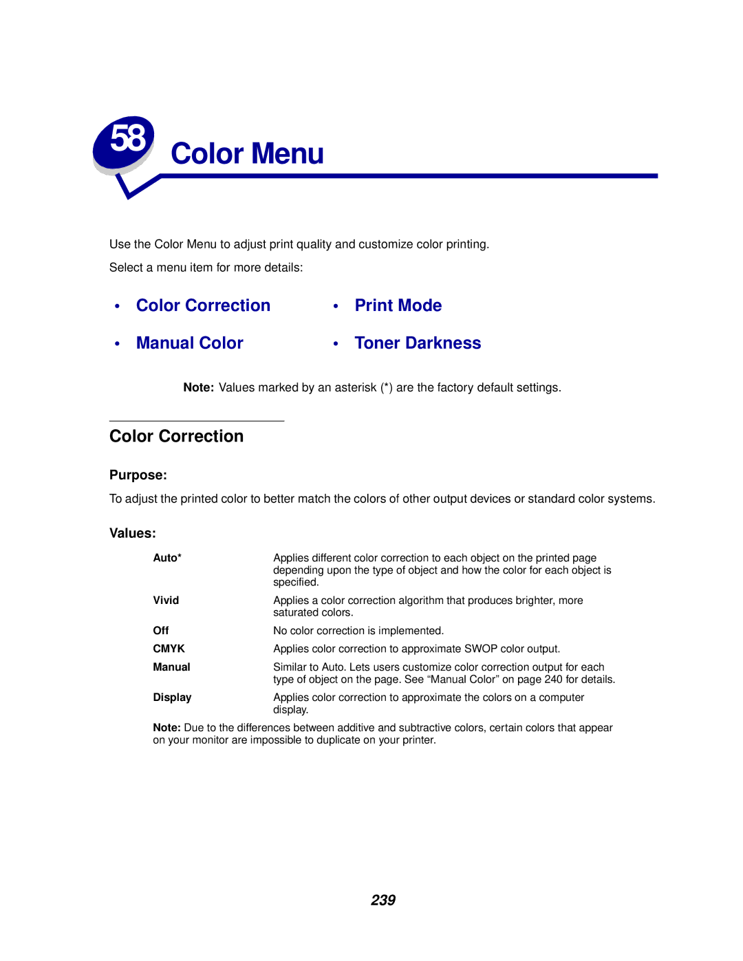 Lexmark 910 manual Color Menu, Color Correction, 239 