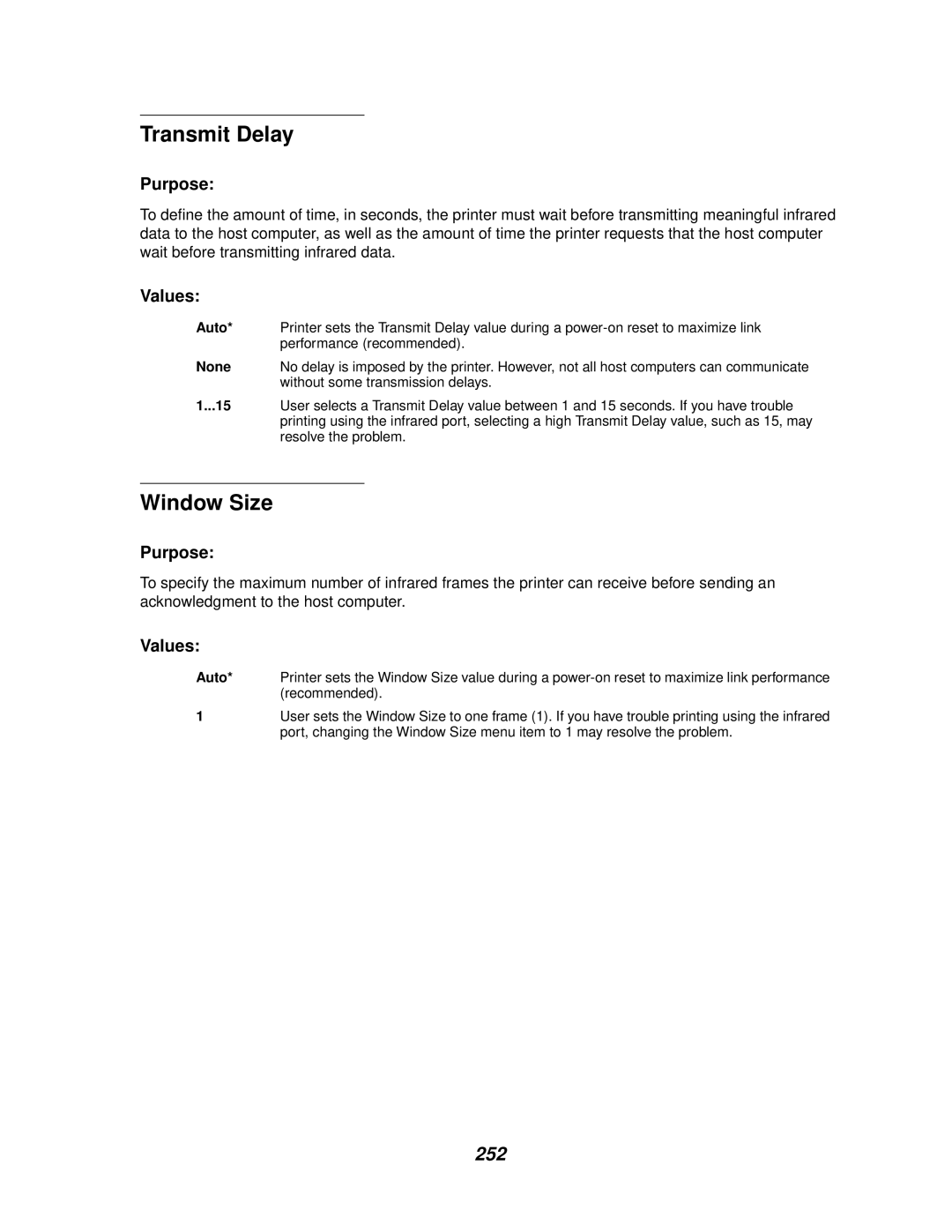 Lexmark 910 manual Transmit Delay, Window Size, 252 