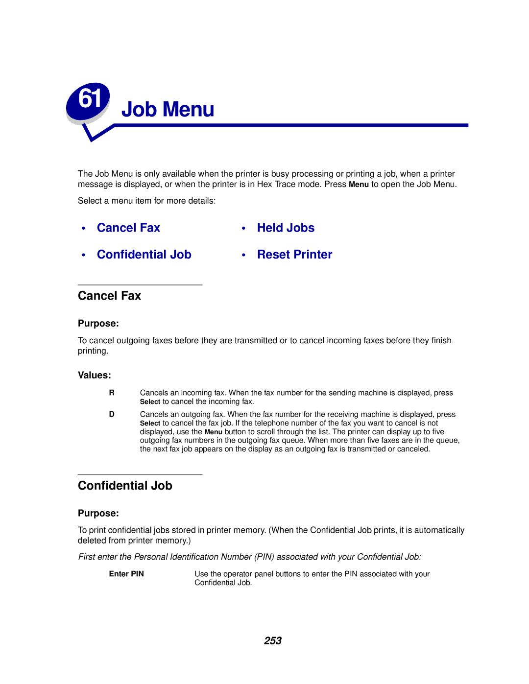 Lexmark 910 manual Job Menu, Cancel Fax, Confidential Job, 253 