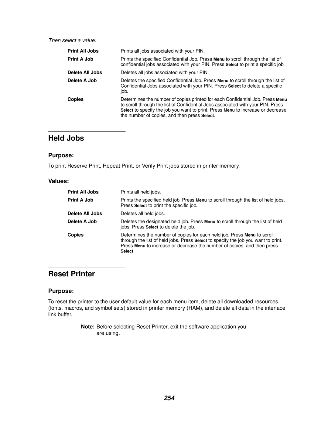 Lexmark 910 manual Held Jobs, Reset Printer, 254 