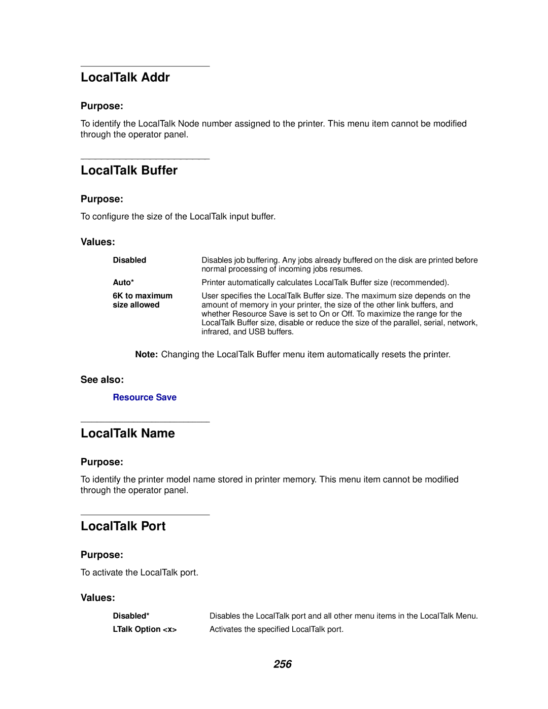 Lexmark 910 manual LocalTalk Addr, LocalTalk Buffer, LocalTalk Name, LocalTalk Port, 256 