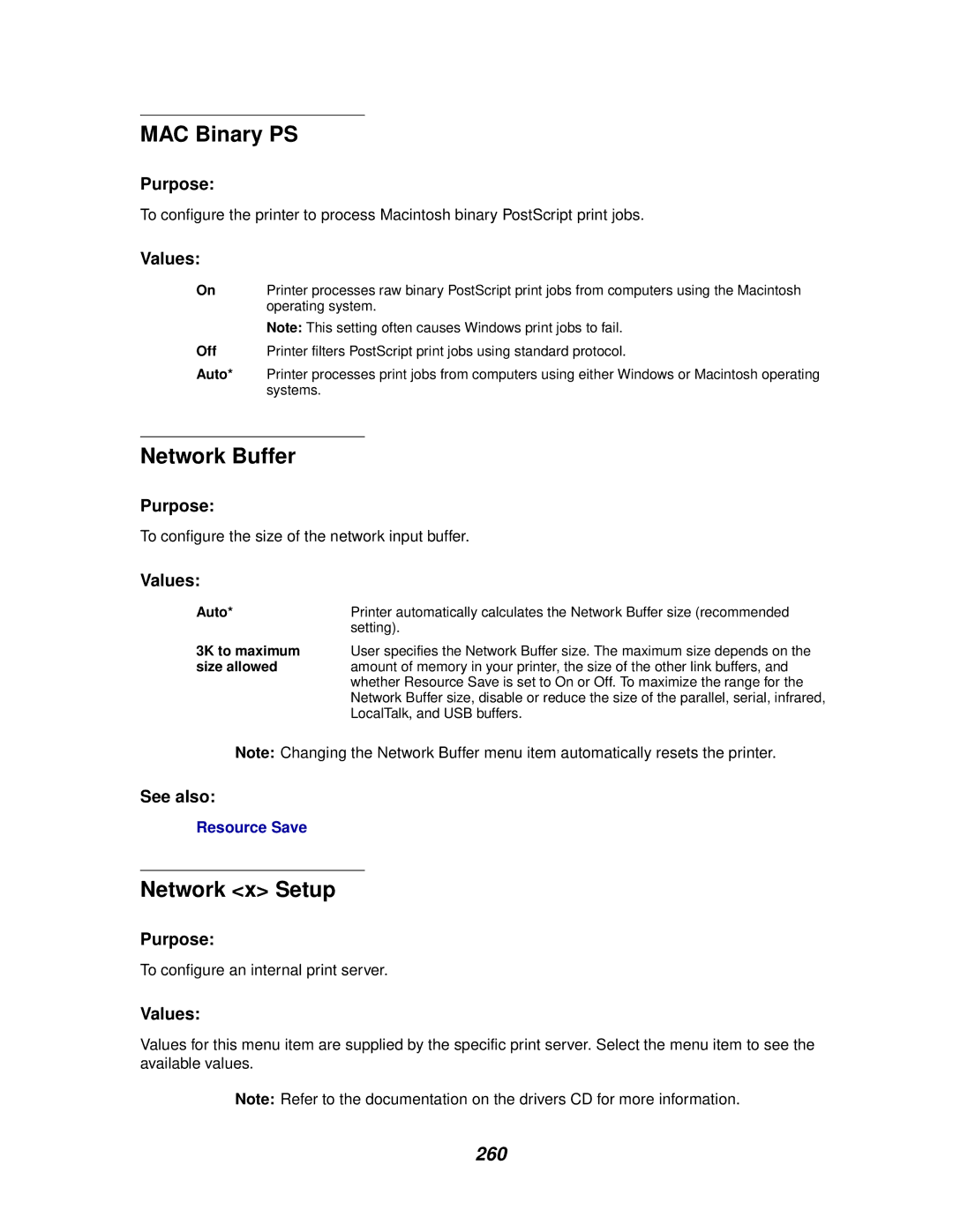 Lexmark 910 manual MAC Binary PS, Network Buffer, Network x Setup, 260 