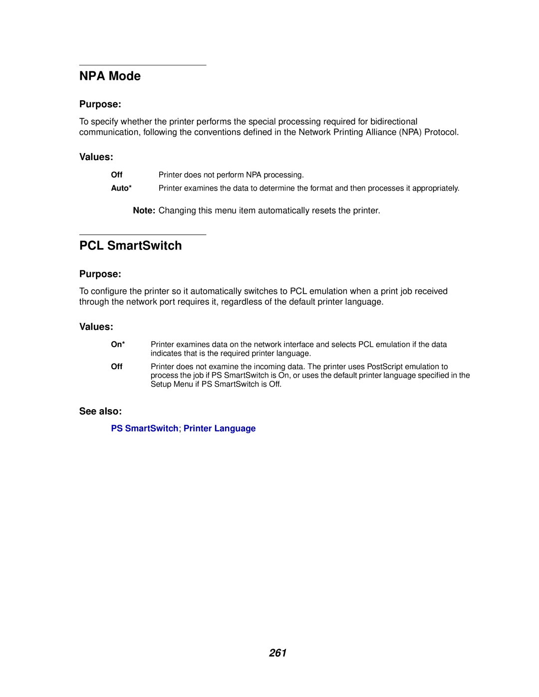 Lexmark 910 manual NPA Mode, 261 