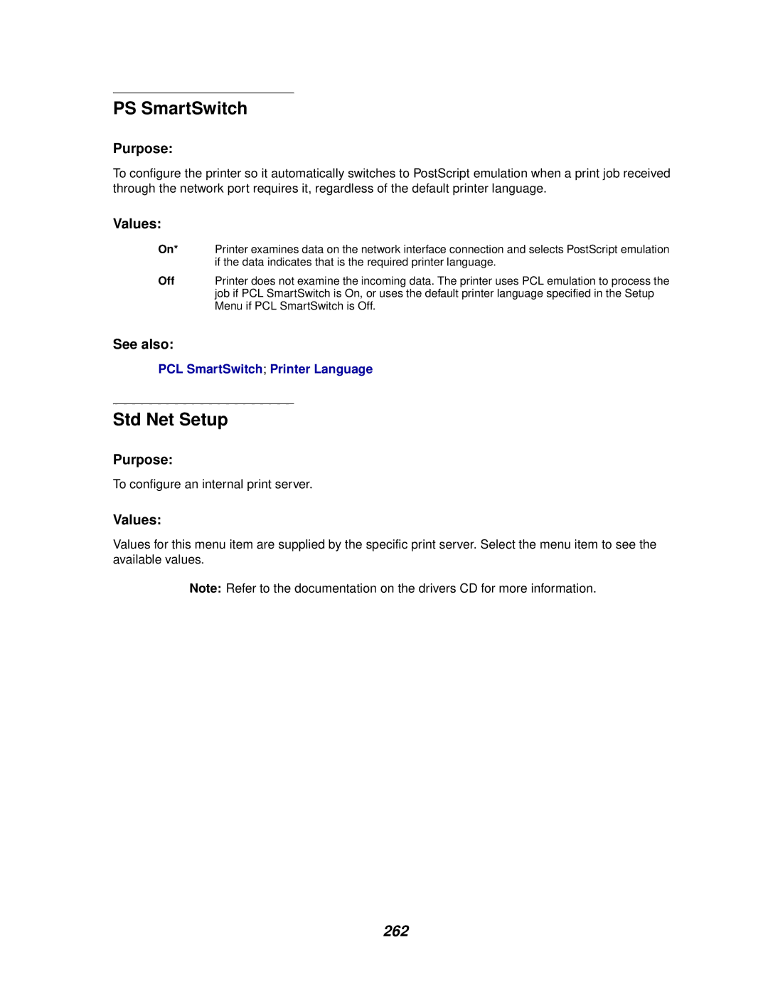 Lexmark 910 manual Std Net Setup, 262 