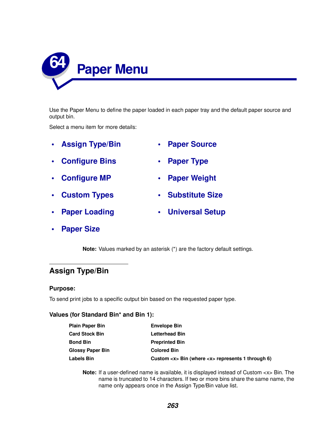 Lexmark 910 manual Paper Menu, Assign Type/Bin, 263 