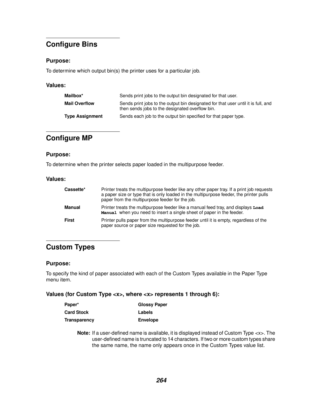 Lexmark 910 manual Configure Bins, Configure MP, Custom Types, 264 