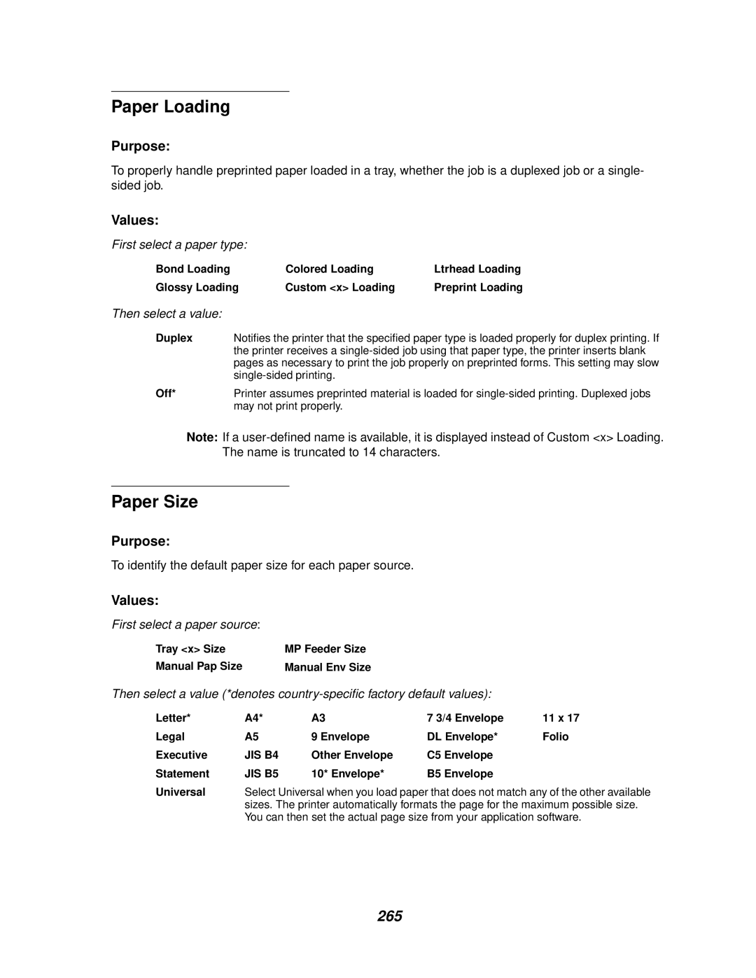 Lexmark 910 manual Paper Loading, Paper Size, 265 