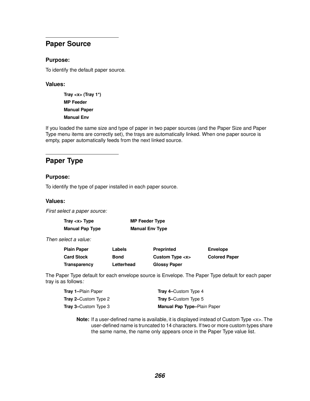 Lexmark 910 manual Paper Source, Paper Type, 266 