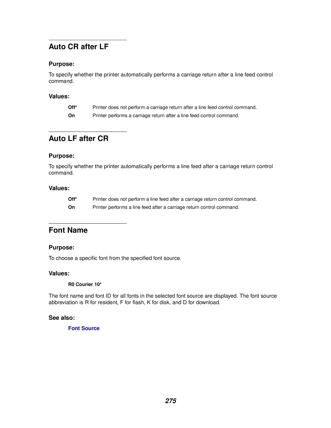 Lexmark 910 manual Auto CR after LF, Auto LF after CR, Font Name, 275 