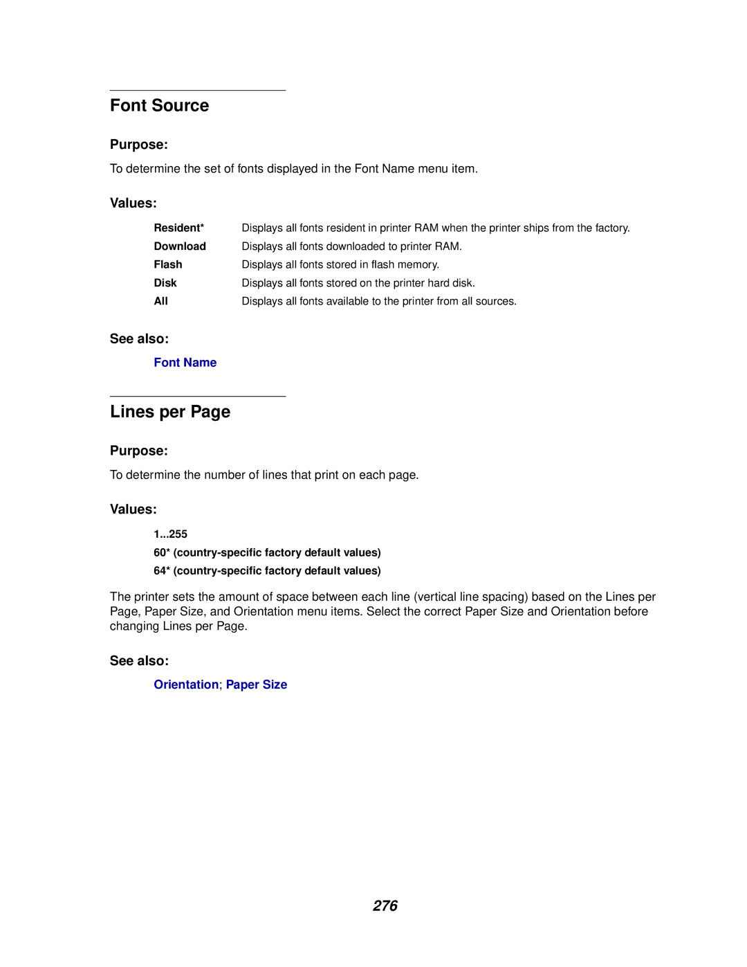 Lexmark 910 manual Font Source, Lines per, 276 