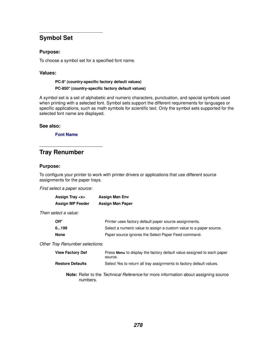 Lexmark 910 manual Symbol Set, Tray Renumber, 278 