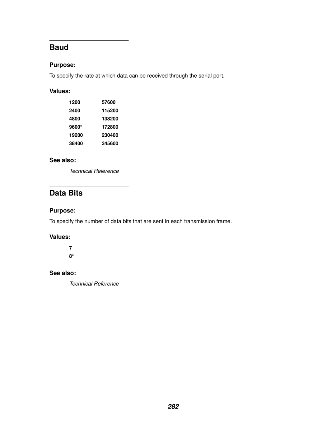 Lexmark 910 manual Baud, Data Bits, 282 