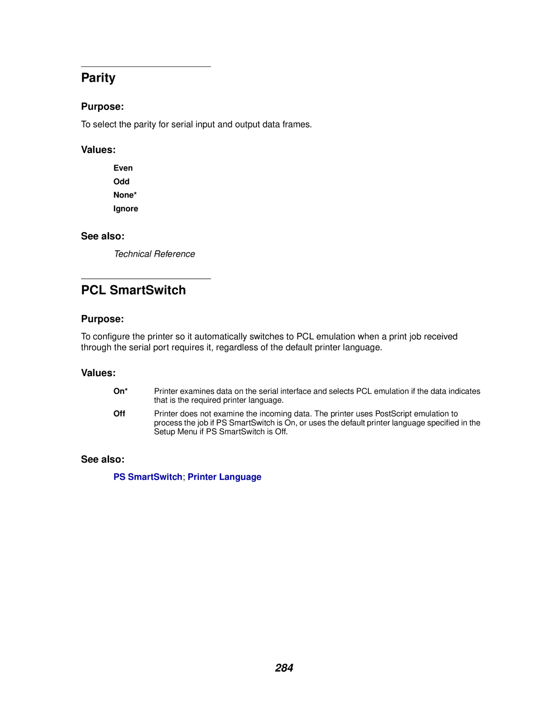 Lexmark 910 manual Parity, 284 