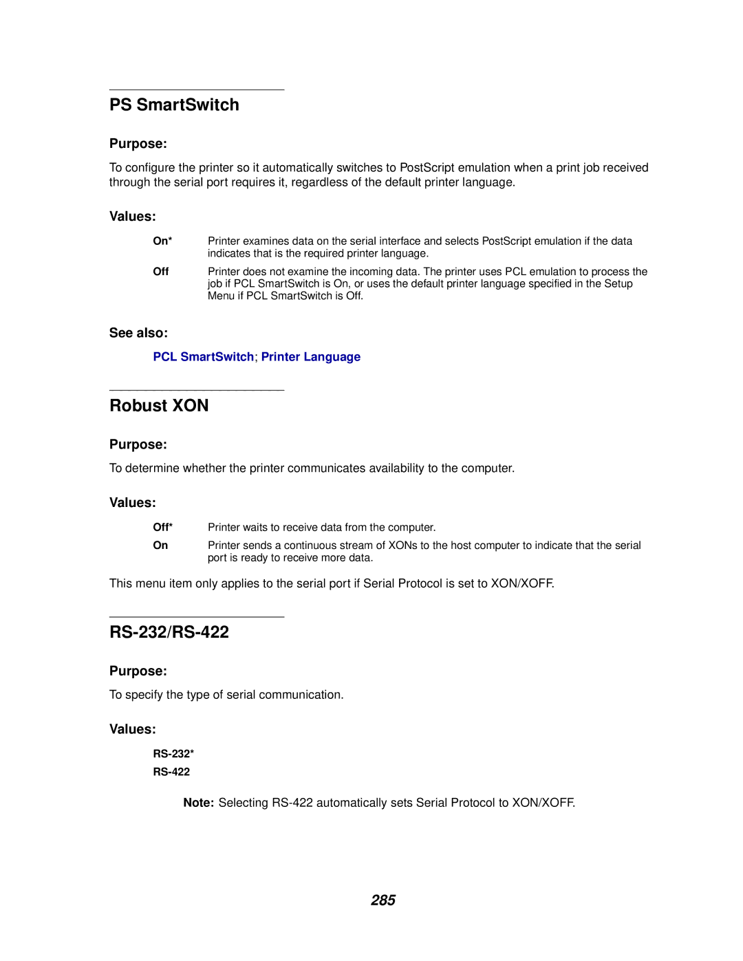 Lexmark 910 manual Robust XON, RS-232/RS-422, 285 