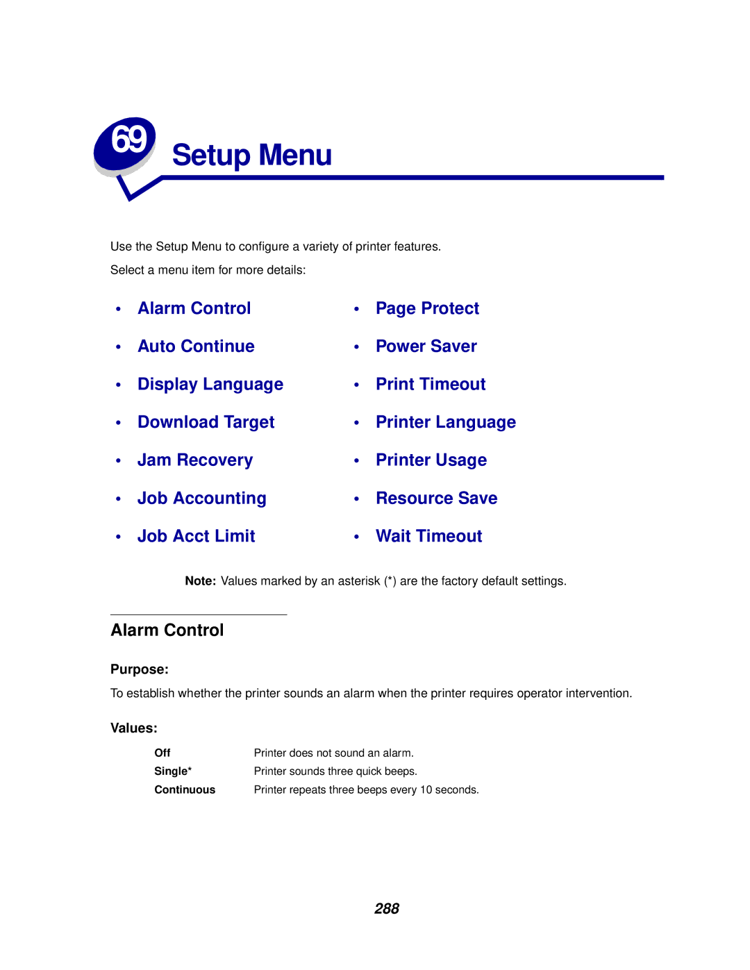 Lexmark 910 manual Setup Menu, Alarm Control, 288 