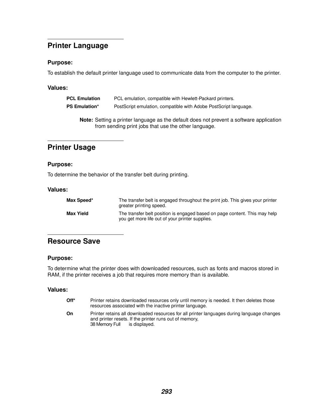 Lexmark 910 manual Printer Language, Printer Usage, Resource Save, 293 