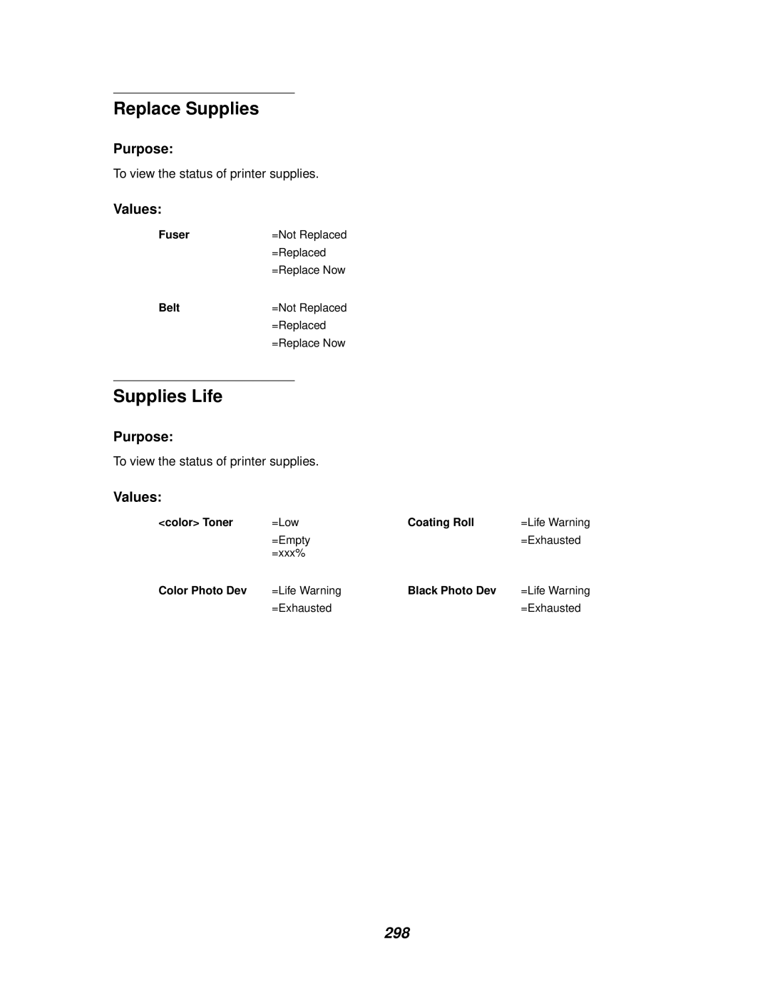 Lexmark 910 manual Replace Supplies, Supplies Life, 298 