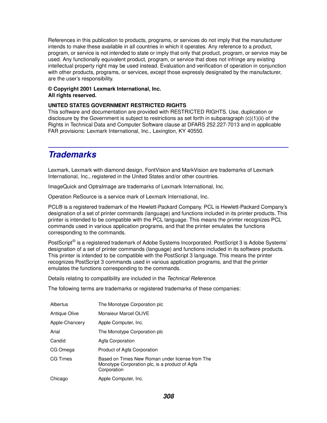 Lexmark 910 manual Trademarks, 308 