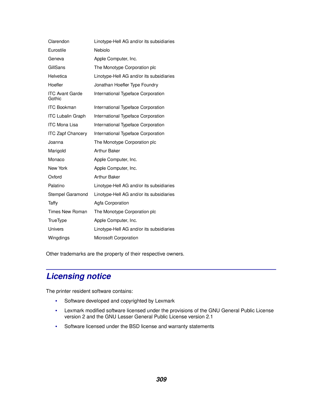 Lexmark 910 manual Licensing notice, 309 