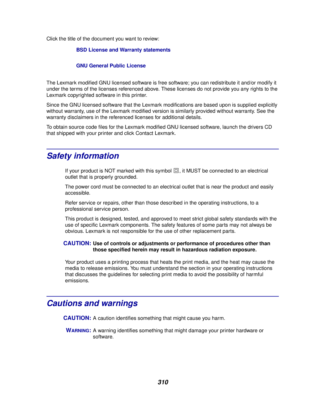 Lexmark 910 manual Safety information, 310 