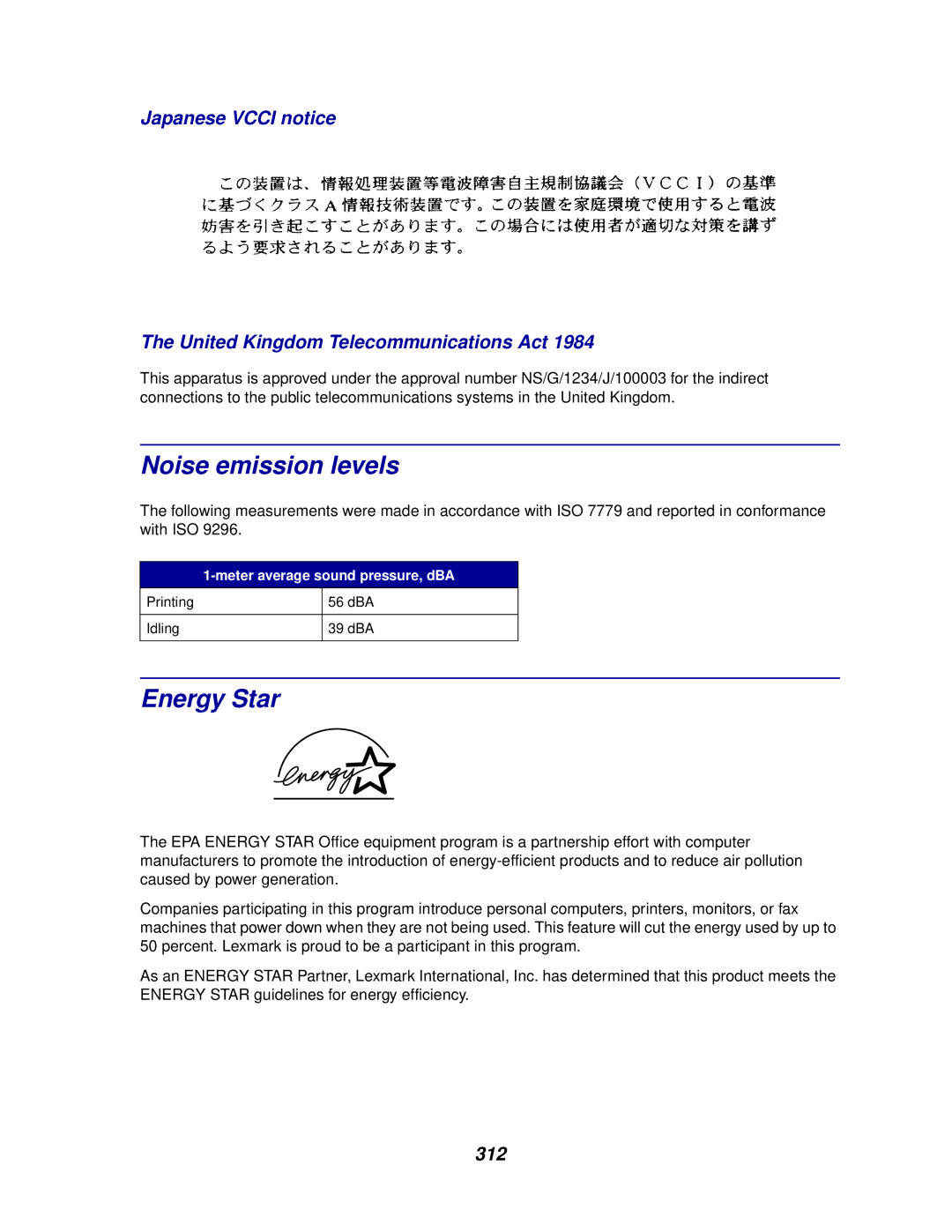 Lexmark 910 manual Noise emission levels, Energy Star, Japanese Vcci notice United Kingdom Telecommunications Act, 312 