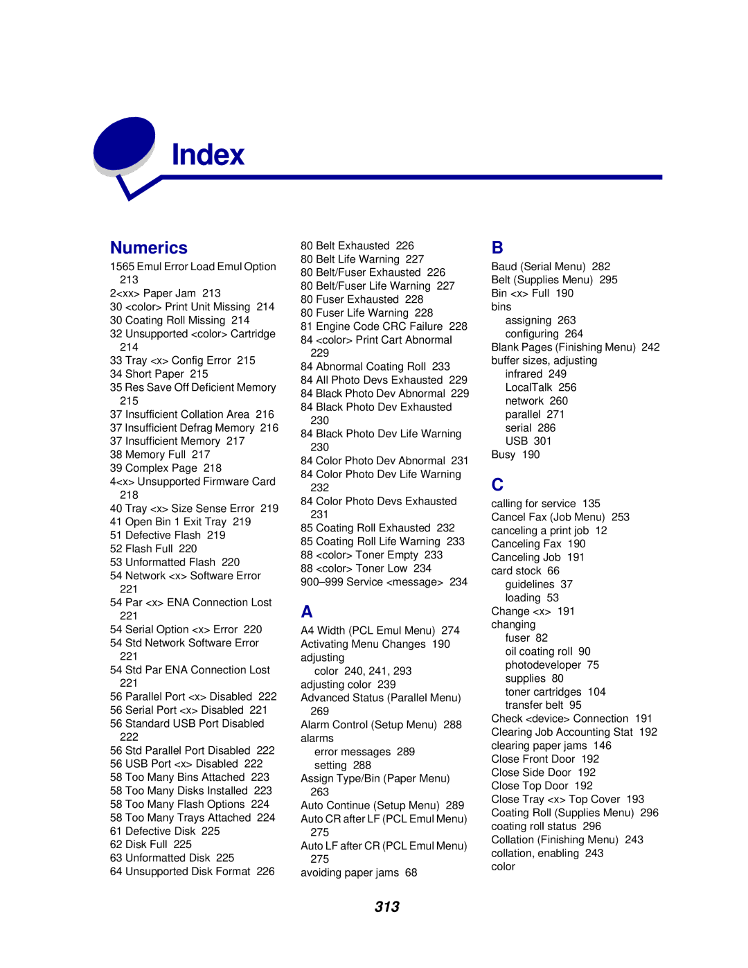 Lexmark 910 manual Index, 313 