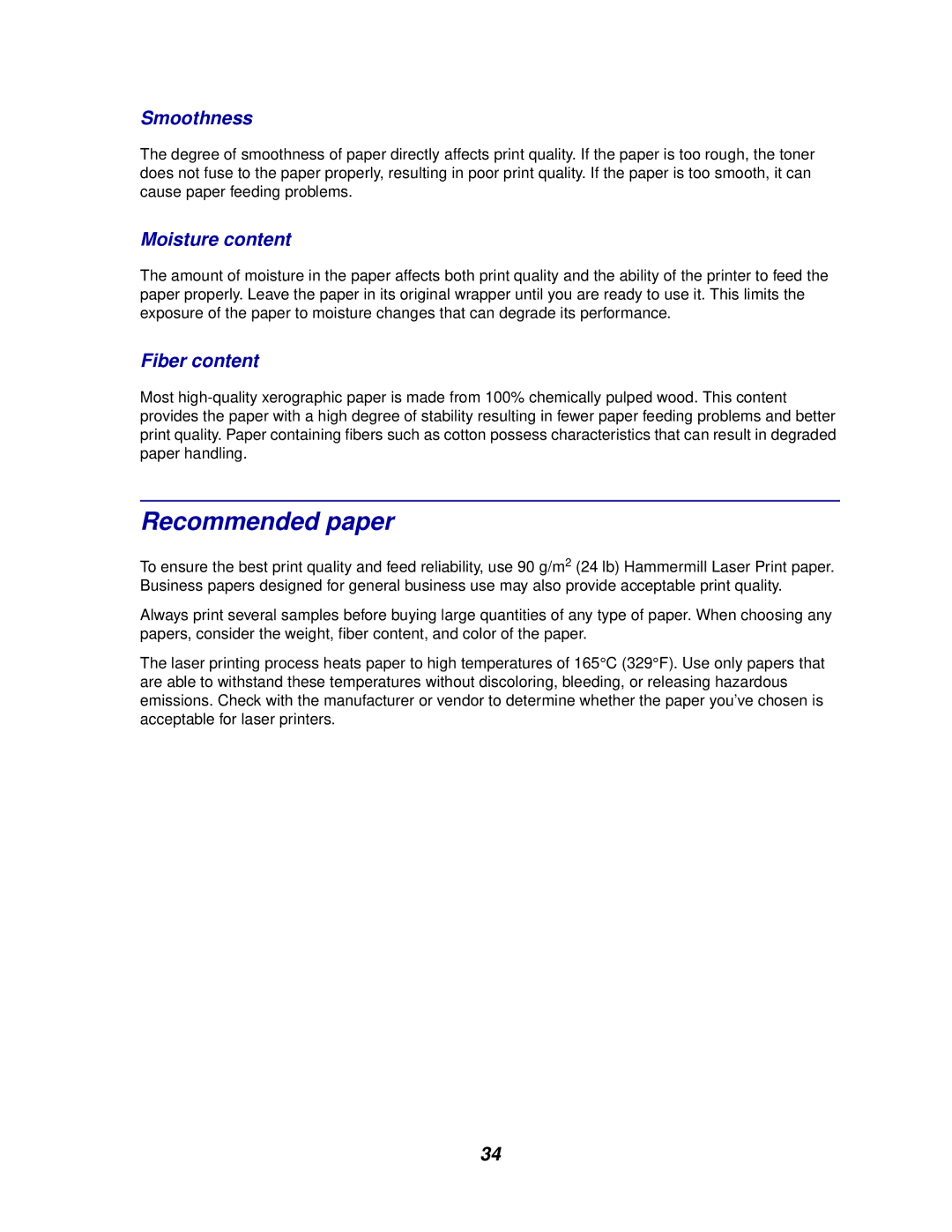 Lexmark 910 manual Recommended paper, Smoothness, Moisture content, Fiber content 