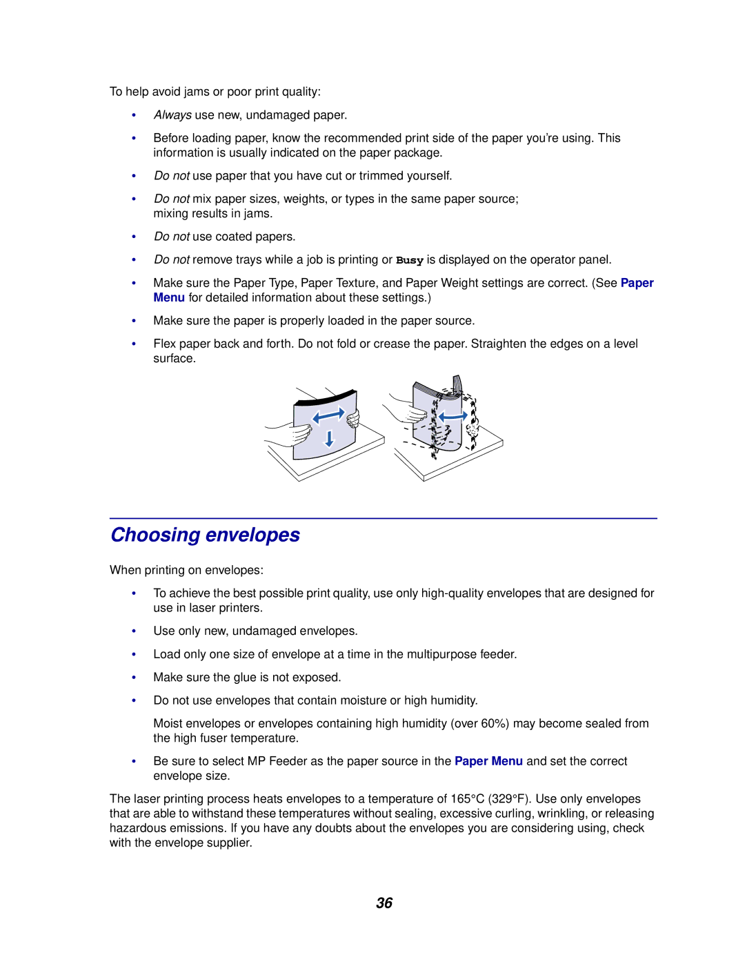 Lexmark 910 manual Choosing envelopes 