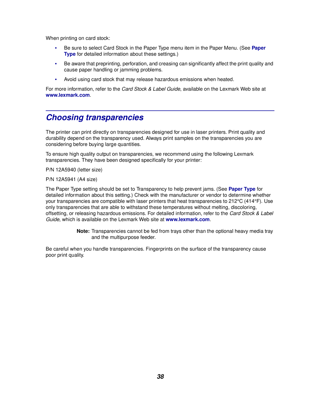 Lexmark 910 manual Choosing transparencies 