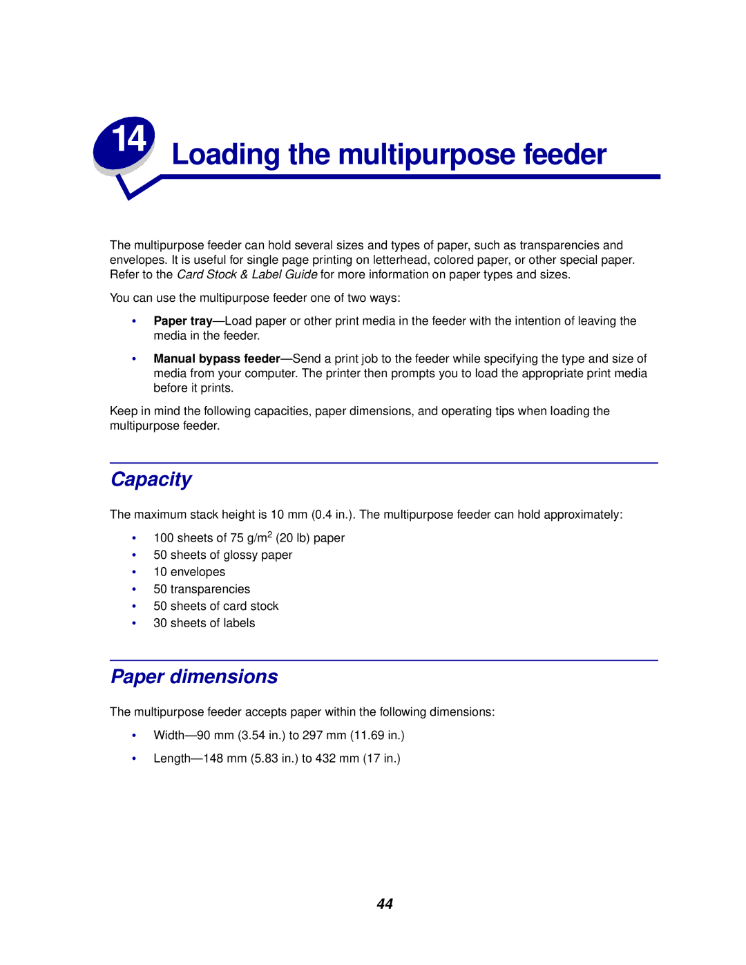 Lexmark 910 manual Loading the multipurpose feeder, Capacity, Paper dimensions 