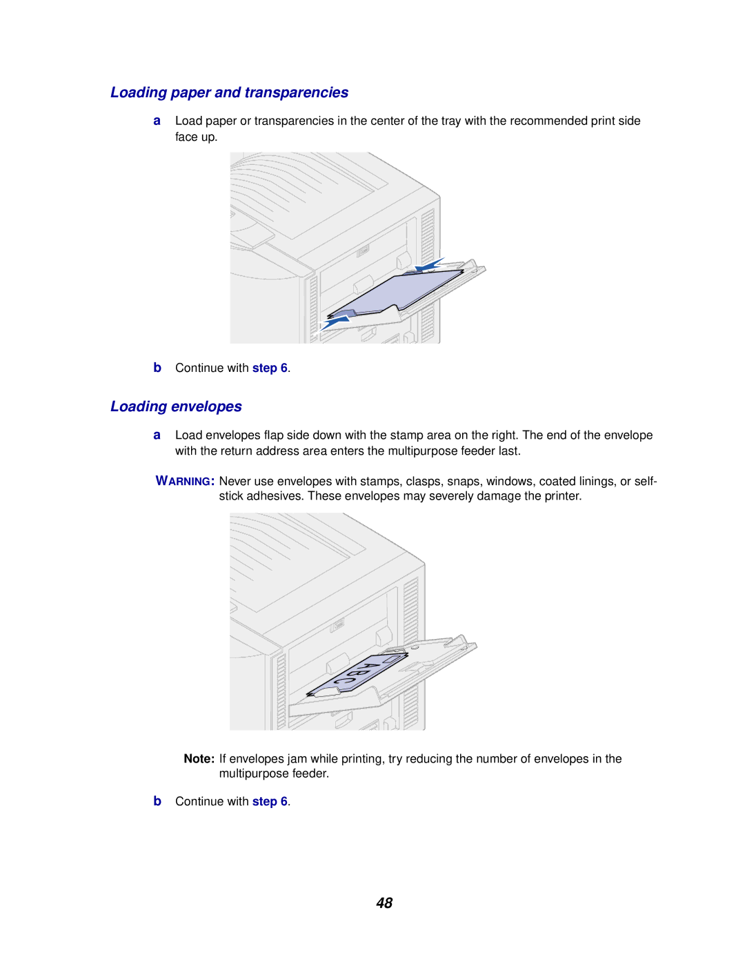 Lexmark 910 manual Loading paper and transparencies, Loading envelopes 