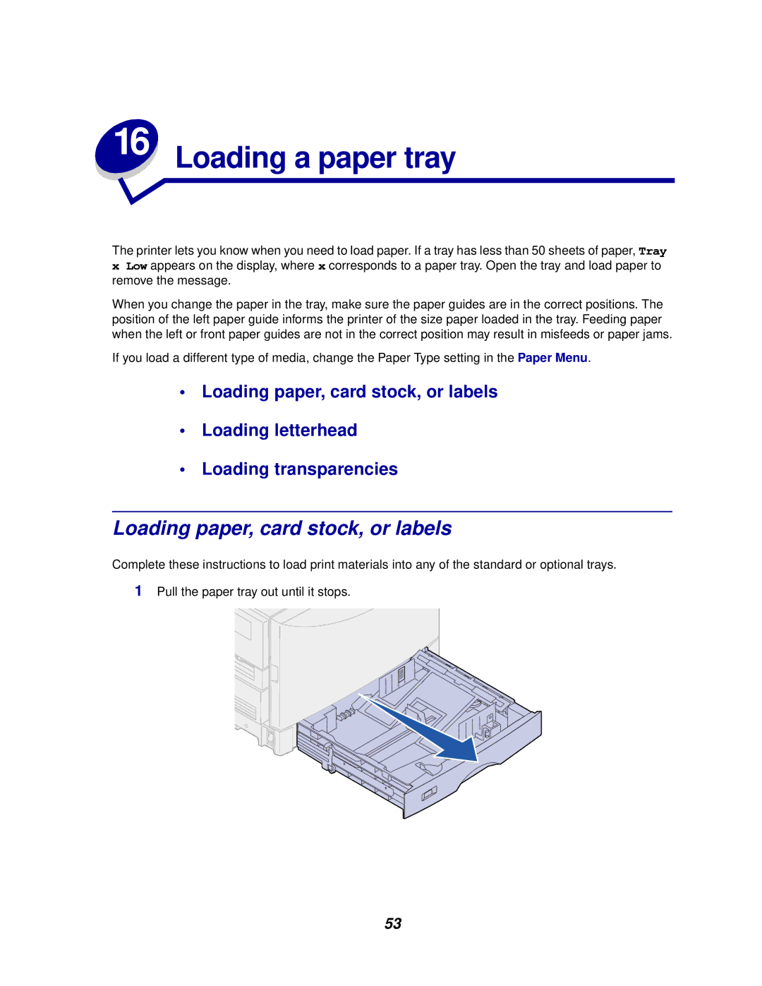 Lexmark 910 manual Loading a paper tray, Loading paper, card stock, or labels 